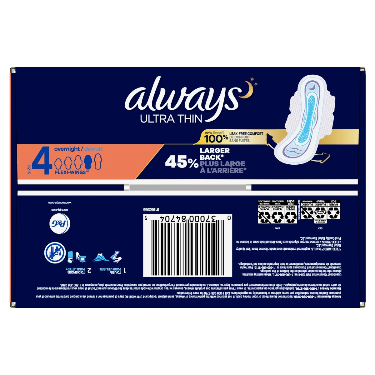 Always Ultra Thin Overnight Pads, Unscented with Wings, 76 Count