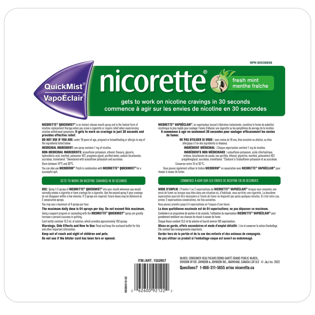 Nicorette QuickMist Fresh Mint 150 sprays, 3-pack