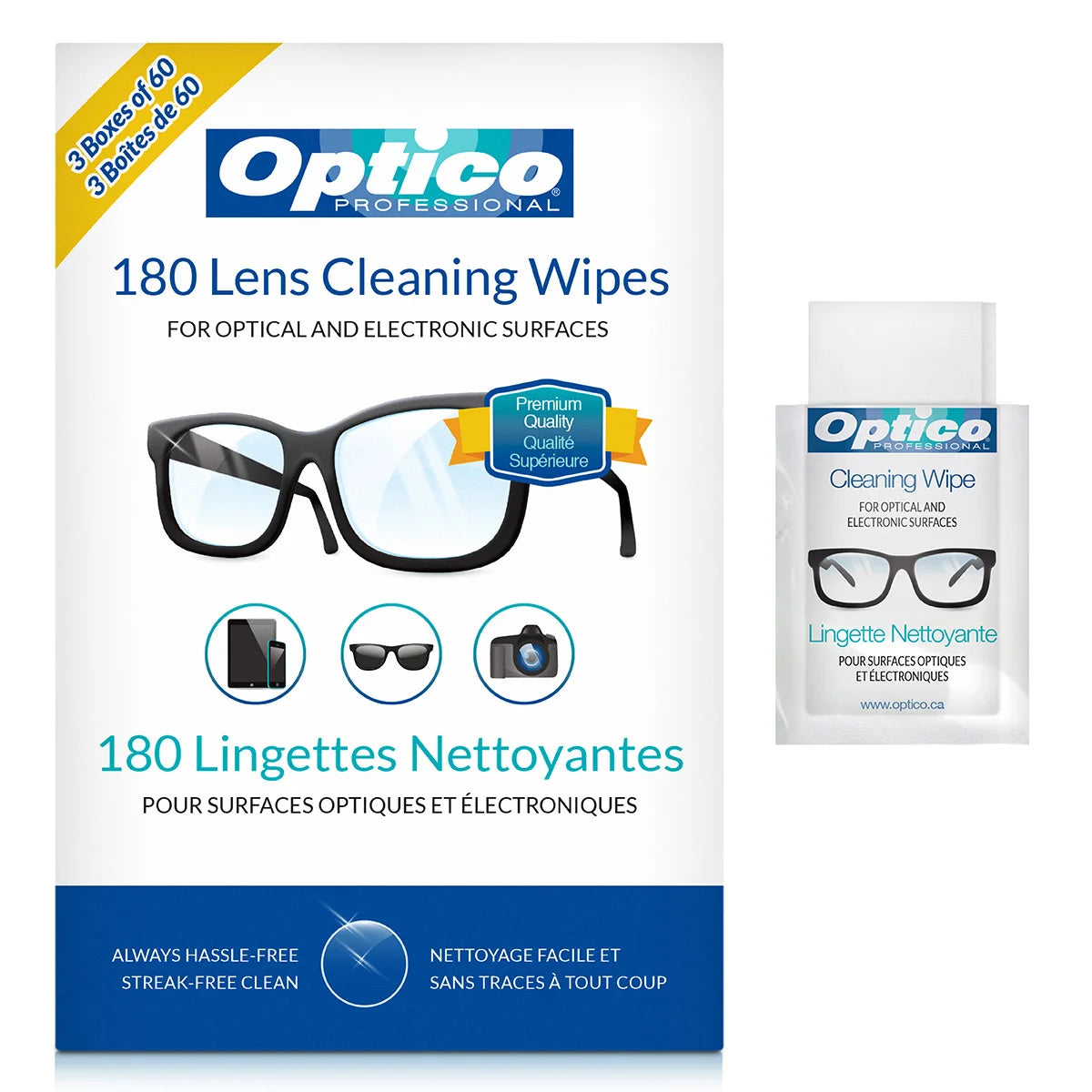 Optico Professional Cleaning Wipes for Optical and Electronic Surfaces, 3 x 60 Wipes